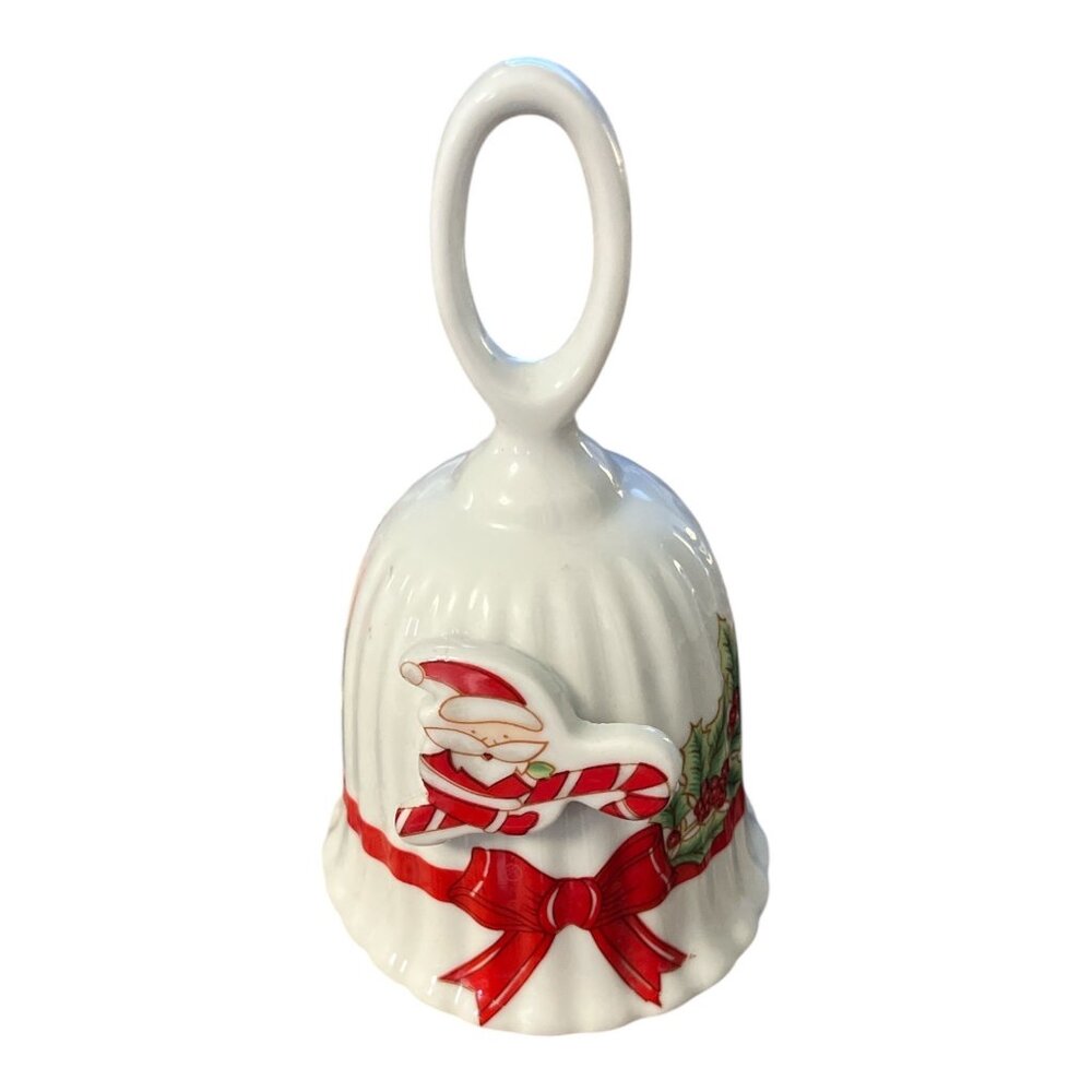 Vintage 1980s Ceramic Christmas Bell – Santa with Candy Cane & Holly – Made in T